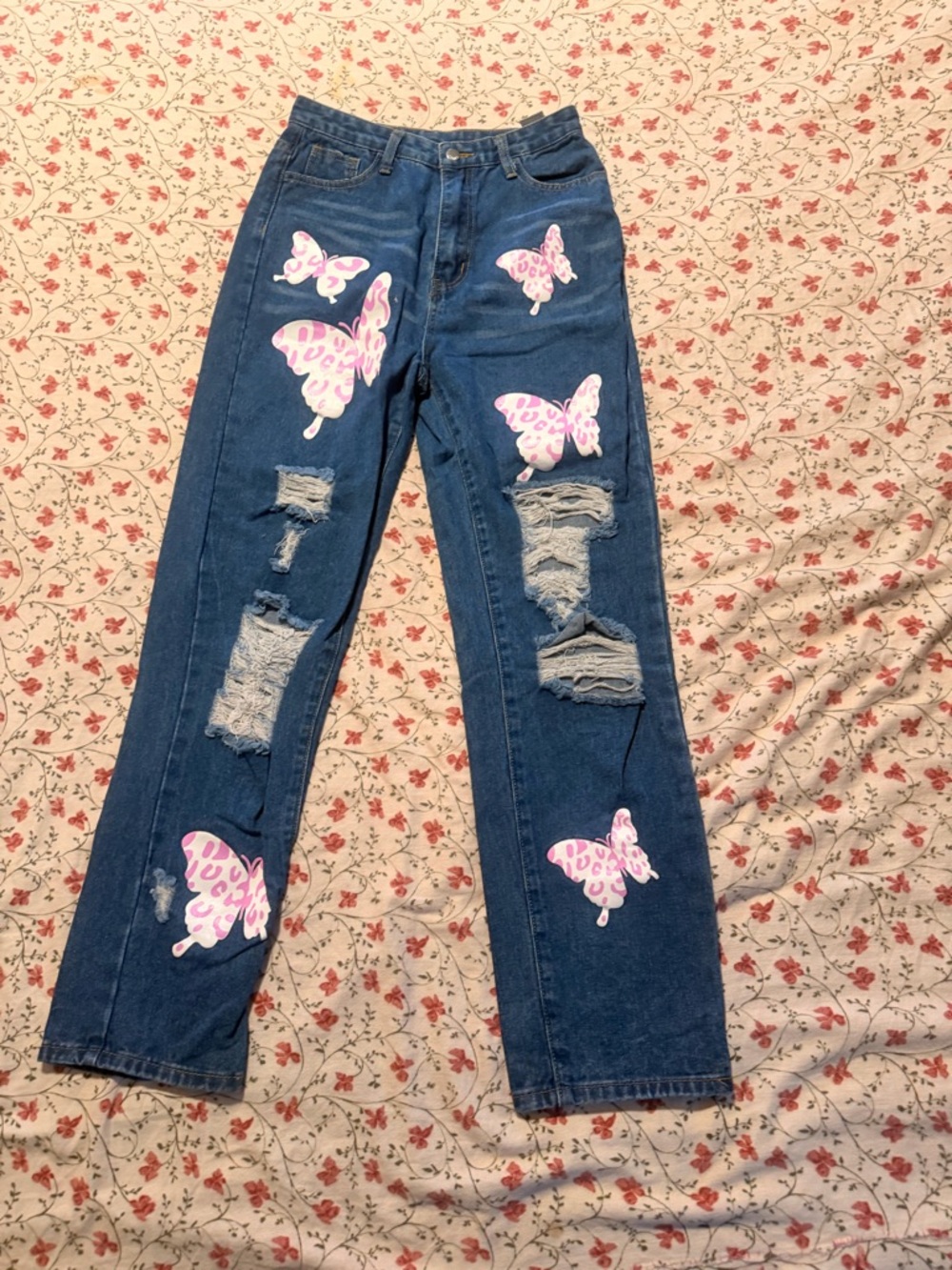 SHEIN Dark Blue Straight Leg Jeans with Pink Butterfly Patches